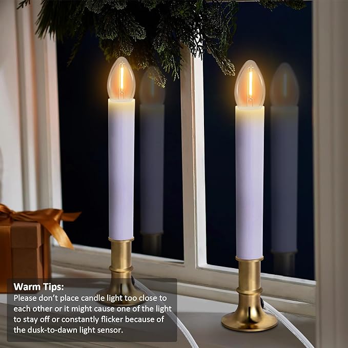 6-Pack Dusk to Dawn Electric Christmas Window Candle Lights with Shatterproof Plastic LED Bulbs, Plug-in Corded Window Candle Lamps, Auto On/Off Light Sensor, 6 Suction Cups Included, Warm White