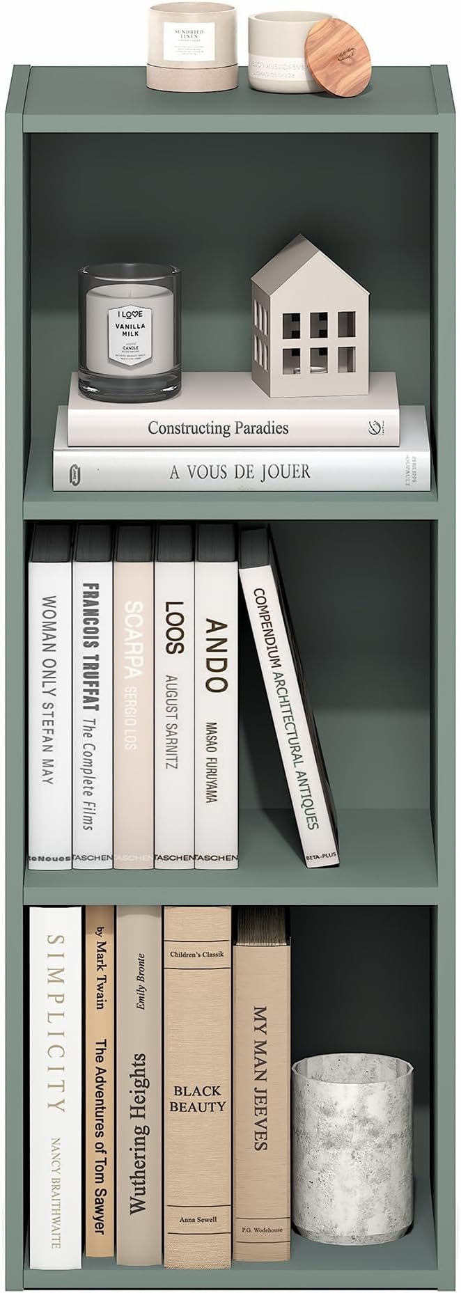 Furinno LUDER Book Shelf, 3-Cube Bookshelf, Bookcase, 9.3" x 12" x 31.5", for Living Room, Bedroom, Home Office, Sage Green