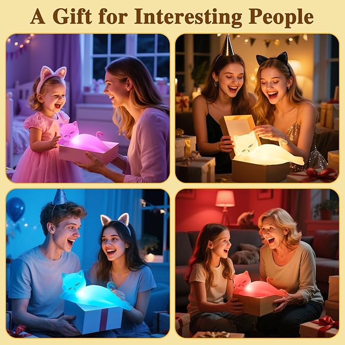 Lying Flat Cat Lamp Cat Gifts, 16 Colors+5 Dimming+Silicone Cute Lamp, Touch+Remote Control+Rechargeable Night Light for Kids, Fun & Cool Weird Stuff Random Stuff, White Elephant Gifts for Adults/Kids