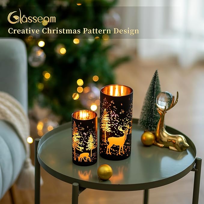 Glasseam Christmas Hurricane Candle Holder: 2 Pcs Black Candle Holders for Pillar Candles Cylinder Mercury Glass Candle Holder Reindeer Candle Holders for Table Centerpiece Thanksgiving Decorations