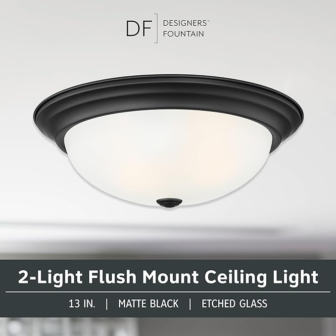 DESIGNERS FOUNTAIN Reedley 2-Lights Flush Mount Ceiling Light, 13 Inch Lighting Fixture for Kitchen, Bedroom, Bathroom, and Hallway, Matte Black with Etched Glass, 1257M-MB-W