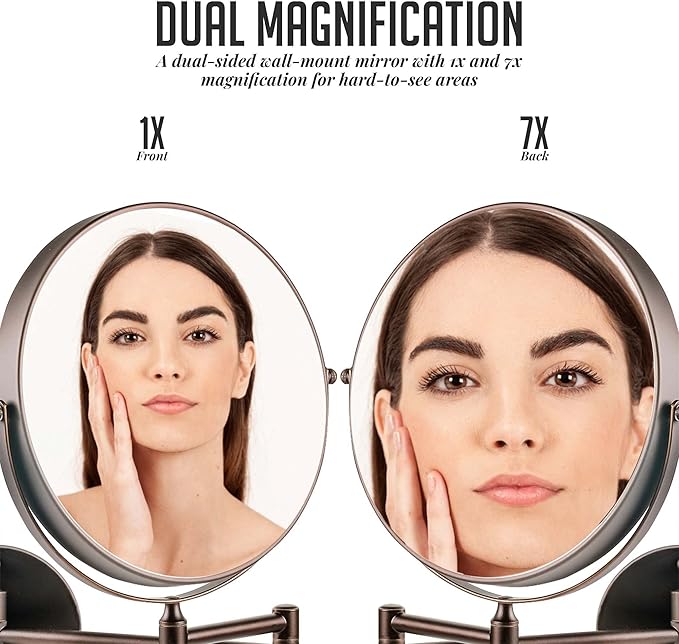 OVENTE 9" Wall Mounted Makeup Mirror with 1X/7X Magnification, Double Sided Magnifying Round Bathroom Vanity Mirror, 360° Swivel Design, Extendable and Folding Arm, Antique Bronze MNLFW90ABZ1X7X