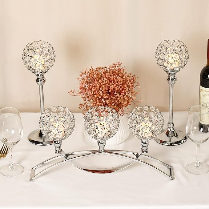 Silver Crystal Candle Holders Decorative Arch Candelabra 3-Arm Candlesticks Holder & 2 Glass Holders Table Centerpiece, Wedding, Party, Anniversary