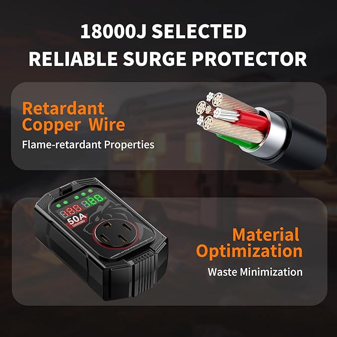 Vehiker 50 Amp RV Surge Protector, Industry-Leading 18000 Joules Power Guard, Circuit Analyzer with Real-Time Dual Voltage Display, Waterproof Cover, Ergonomic Handle, Heavy Duty RV Accessories