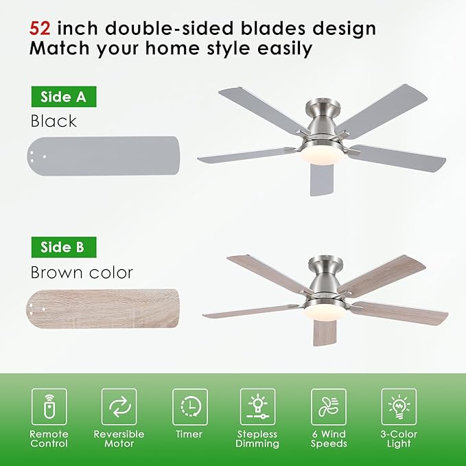 Ceiling Fans with Lights, 52" Flush Mount Ceiling Fan with Light and Remote/APP Control, Low Profile, Modern Ceiling Fan Reversible, Dimmable, Noiseless, Ceiling Fan for Bedroom，Brushed Nickel