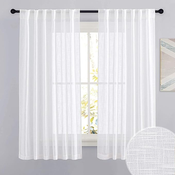 RYB HOME Semi Sheer Curtains - Semitransparent Privacy Protected Natural Light Through Texture Drapes for Bedroom Open House Decor, Width 52 x Length 63 inches, White, 2 Panels