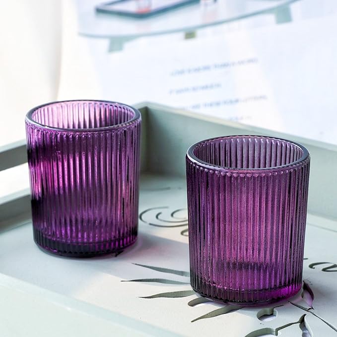 VOHO 12pcs Purple Votive Candle Holders for Christmas Holiday Decorations, Vintage Glass Votive Candle Holder for Coffee Table Centerpiece, Ribbed Tealight Candle Holder for Birthday Gifts