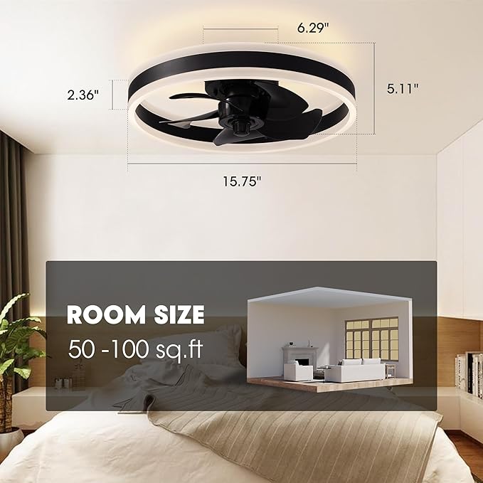 Ceiling Fans with Lights and Remote Flush Mount Black Ceiling Fan with Light,6 Speeds,LED Modern 15" Low Profile Ceiling Fans for Bedroom,Small Room