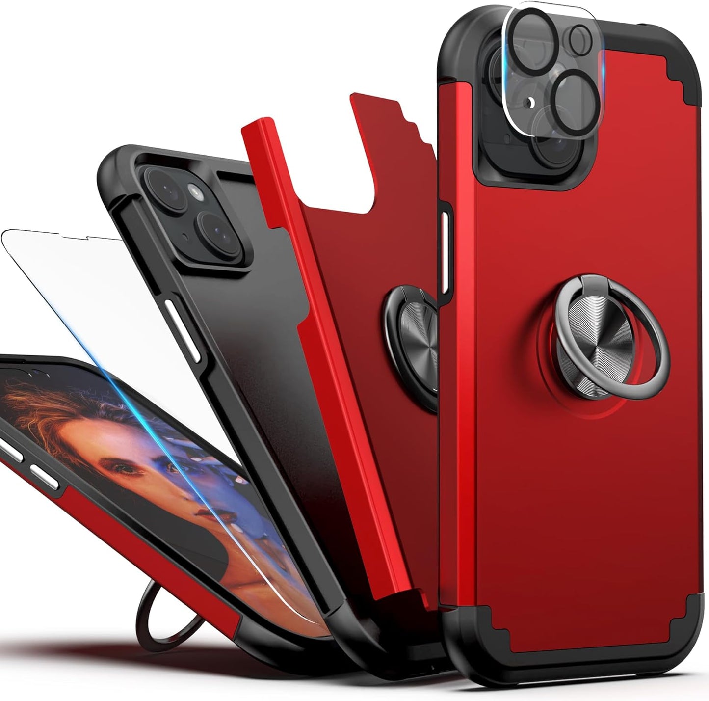 IDweel iPhone 14 Plus Case: 2-in-1 Shockproof Cover with Screen Protector, 360° Ring Holder, Camera Lens Protector, Red.