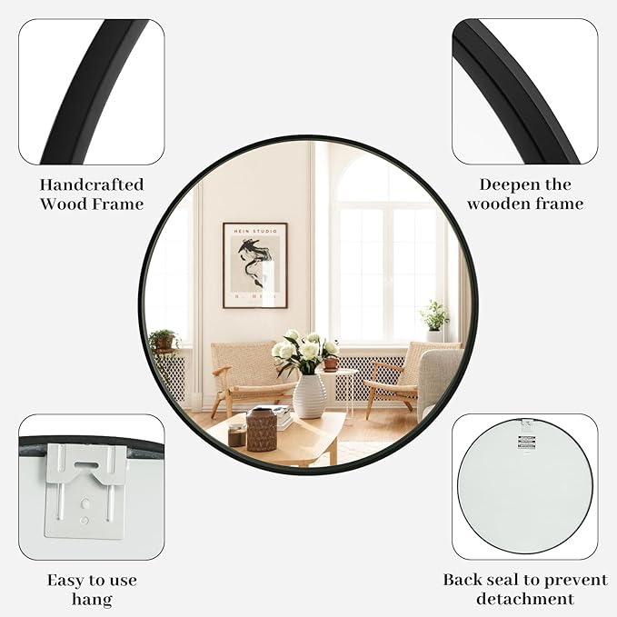 WallBeyond Round Wood Mirror, 32" Round Modern Decoration Large Circle Wall Mirror for Bathroom Living Room Bedroom Entryway, Black