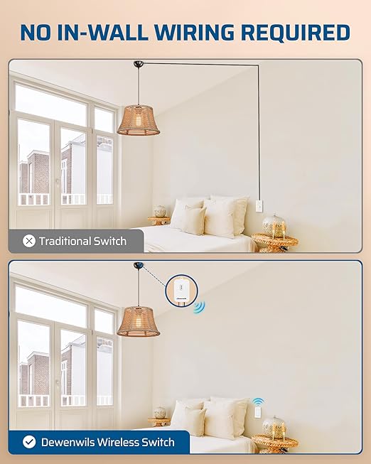 DEWENWILS Wireless Light Switch and Receiver Kit, 15A High Power, No Wiring, 100FT RF Range, 3 Way Remote Control Wall Switches for Lamps, Ceiling Lights, Fans, 2 Transmitter+1 Receiver