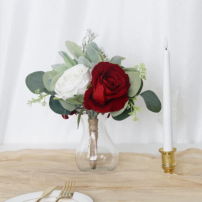 Artificial Flowers Bridesmaid Bouquets - Set of 2 Bridesmaid Bouquet Burgundy White Handmade Silk Floral Bouquet for Wedding Ceremony Anniversary, Bridal Shower, Home Table Decorations