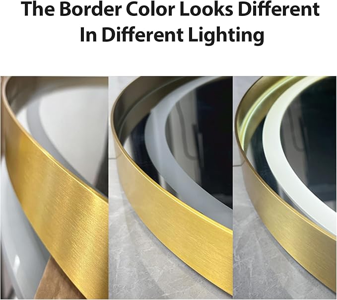 Gold Round Mirror 28 Inch, Metal Framed Frontlit Bathroom Mirror, Circle Mirrors for Wall, Led Light Mirror with Anti-Fog, Memory Function, 3 Color Temperature, Dimmable Makeup Mirrors