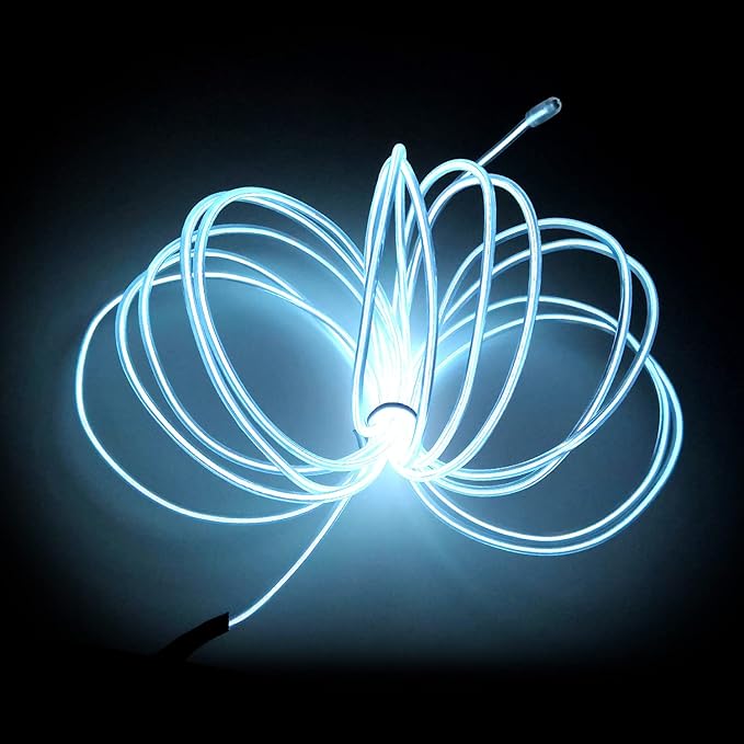 MaxLax EL Wire White, 32.8ft/10m Portable Battery Pack Neon Light Strip 360° Cuttable Glowing Rope Lights for Parties, Halloween, DIY Decoration
