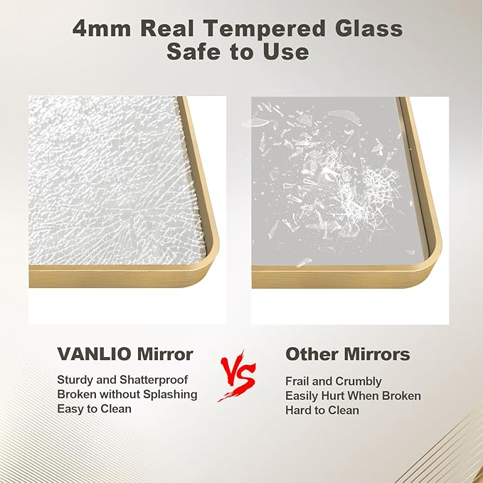 48x30 Inch Gold Framed Bathroom Mirror, Brushed Gold Metal Vanity Mirror, Rectangle Gold Mirror for Wall, Rounded Corner, Tempered Glass, Anti-Rust, Shatterproof (Horizontal/Vertical)