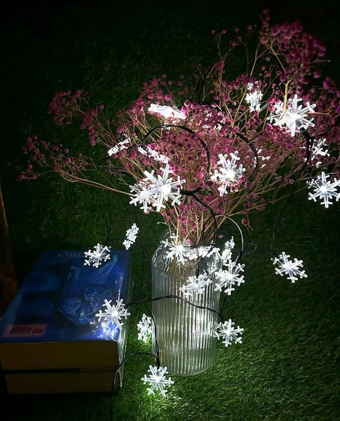 Solar Christmas Snowflake String Lights 36ft 60 LED 8 Modes Solar Fairy Outdoor Waterproof Powered String Lights for Garden Patio Yard Home Christmas Tree Parties(White-Snowflake-60LED)
