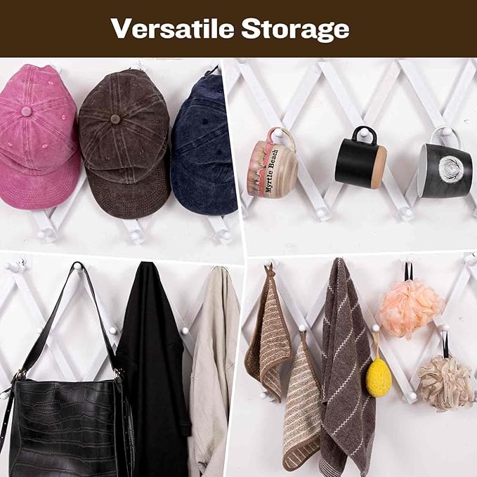 Accordion Wall Hanger with 20 Hooks, Wooden Wall Expandable Coat Rack for Coat, Hats, Baseball Caps, Coffee Mug, Jewelry(Ruist White)