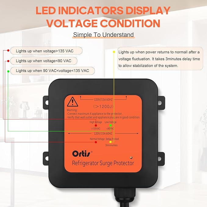 Ortis 4-Outlet Refrigerator Surge Protector with Time Delay, 1200J, Power Cord (5ft), Protects Against Spikes, Brownouts & Power Outages, Voltage Guard for Refrigerators 27 cu. ft. or More