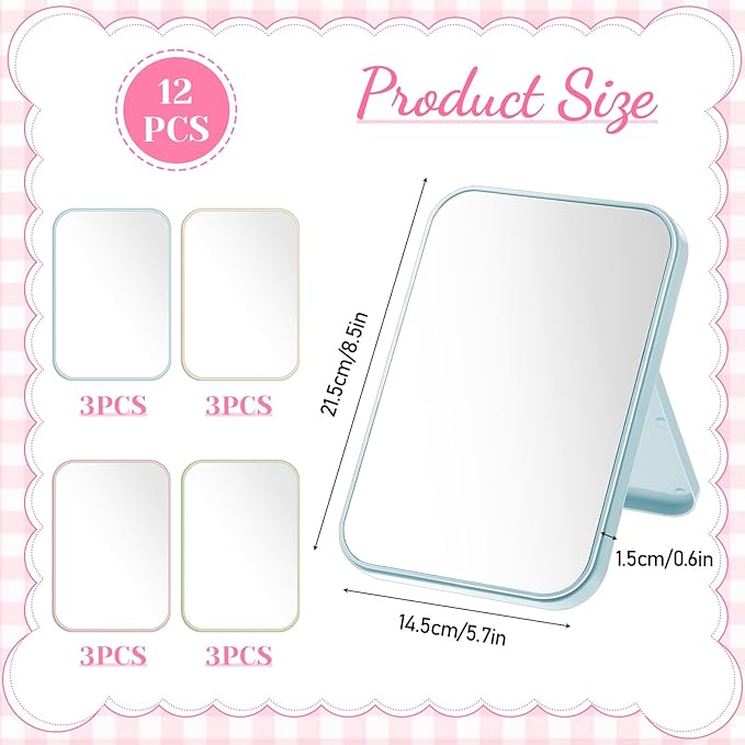 SHENLIU 12 Pack 8" Desktop Makeup Mirror, Portable Folding Vanity Mirror with Stand, 90° Adjustable High-Definition Glass 4 Colors for Travel Bathroom Women Beauty