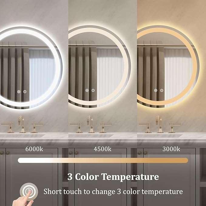 WallBeyond LED Bathroom Mirror with Lights, 20'' Round Light Up Bathroom Mirror for Wall with Front and Backlit, Anti Fog Led Mirror for Bathroom, 3 Colors and Dimmable Light