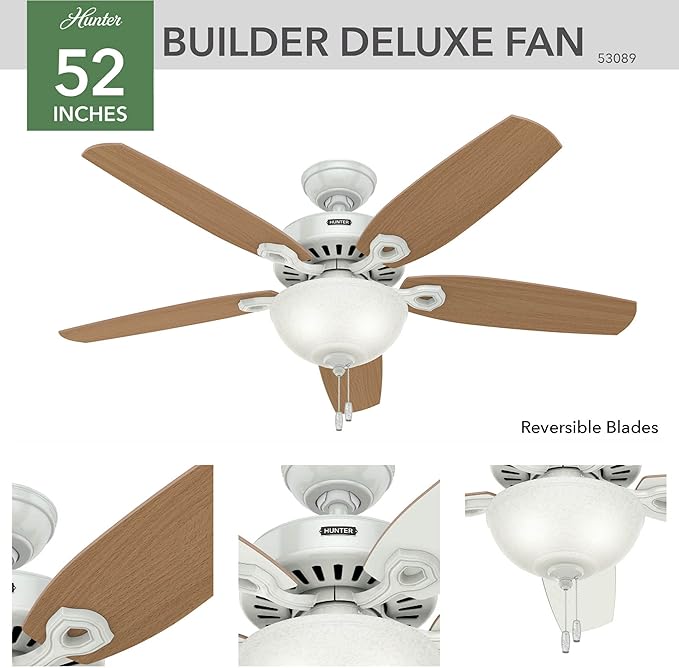 Hunter 52 inch Indoor Ceiling Fan with LED Light - White Ceiling Fan with Pull Chain, For Bedroom or Living Room, Standard Mount, No Remote, 5 Blades, Includes Bulbs - Builder Deluxe 53089, White