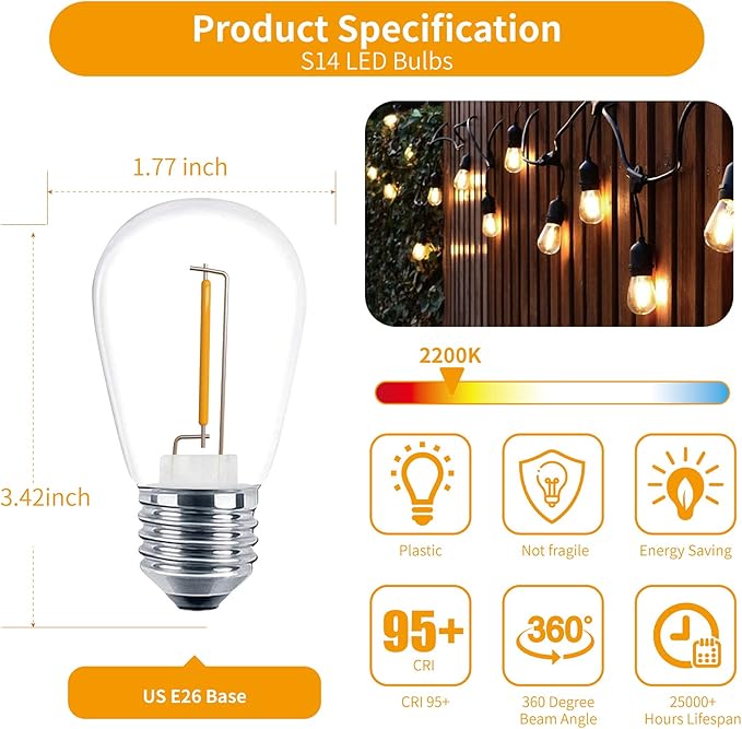 Meconard 24 Pack LED S14 Replacement Light Bulbs, Shatterproof Outdoor 1 Watt to Replace 11Watts String Incandescent Bulb, E26 Regular Medium Screw Base, 2200K Warm White, Non-Dimmable