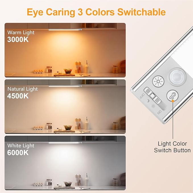 Gritin 14.7inch Under Cabinet Lighting Rechargeable - 128 LED Super Bright, 3-Color&5 Level Brightness, 4 Modes, Motion Sensor, Long Lasting-Easy Installation Magnetic Closet Lights - 2 Pack-Silver