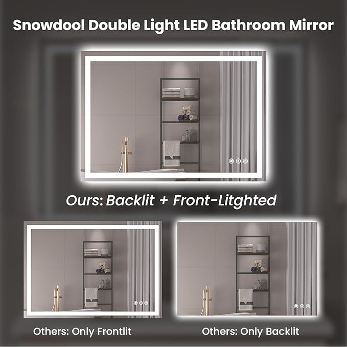 40"X28" LED Bathroom Mirror with Front Lights and Backlit, Anti-Fog, Dimmable, Shatter-Proof Tempered Glass, Lighted Bathroom Vanity Mirror for Wall with 3 Colors, Memory Function