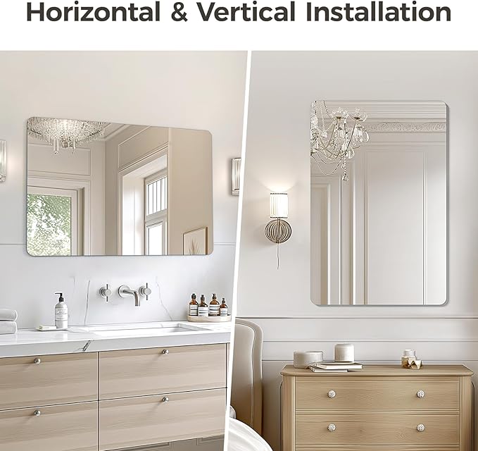 USHOWER Frameless Bathroom Mirror for Over Sink, 24x36 Inch Rectangle Wall Vanity Mirror for Bathroom, Bedroom, Entryway, Polished Edge, Tempered Glass