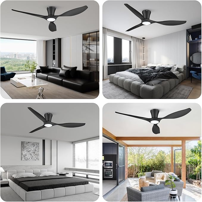 TALOYA Ceiling Fans with Lights,52 inch Modern Low Profile Ceiling Fan with Quiet Reversible DC Motor,Flush Mount,3CCT, Black Ceiling Fan for Bedroom Living Room Kitchen and Patio