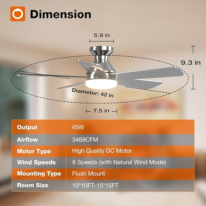 addlon Ceiling Fans with Lights, 42 Inch Low Profile Ceiling Fan with Light And Remote Control, Flush Mount, Reversible, 3CCT, Dimmable, Quiet, Nickel Small Ceiling Fan for Bedroom Indoor/Outdoor Use