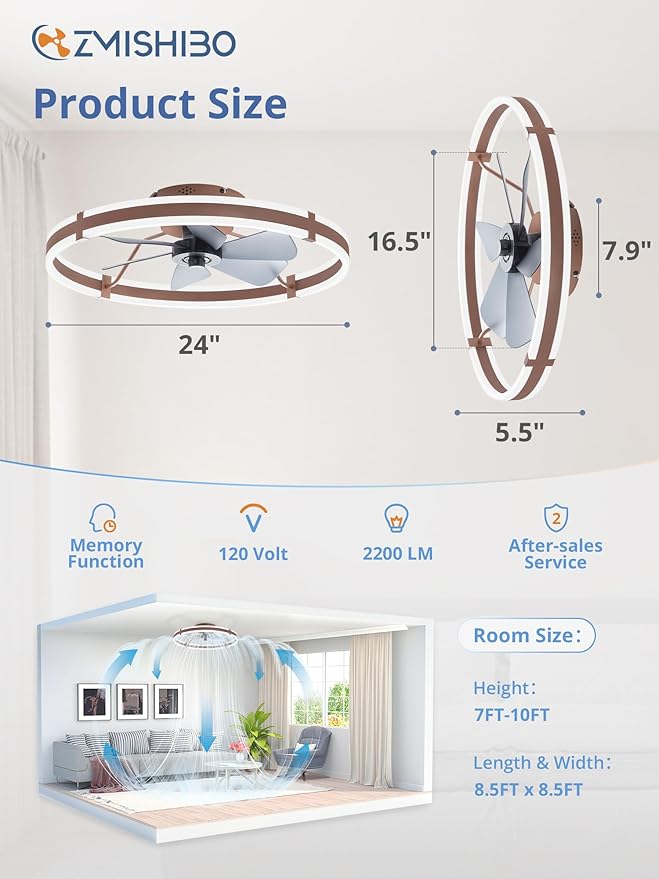 ZMISHIBO 24 Inch Ceiling Fans with Lights and Remote, Modern Low Profile Ceiling Fan, 3000-6000K Dimmable Flush Mount LED Fan Light, 6 Wind Speeds, Fandelier Ceiling Fans for Bedroom- Brown