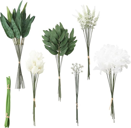 Floroom Artificial Greenery Stems Box Set, 76pcs with 6 Kinds of Faux Greenery Flowers Picks for DIY Bridal Bouquets Wedding Floral Arrangement Table Centerpieces, Green & White