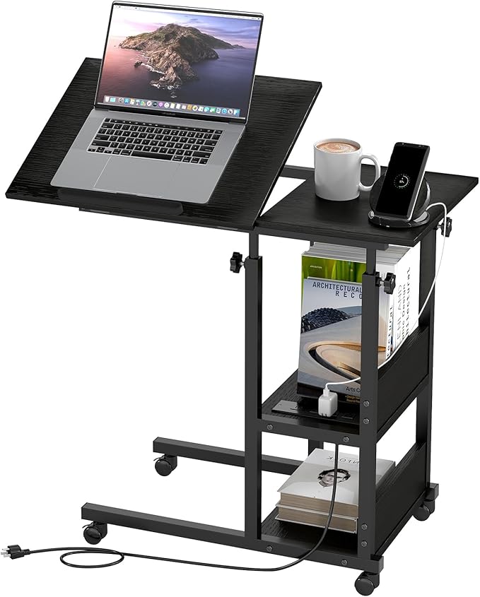 Hadulcet Adjustable C Table with Charging Station, Tiltable Desk C Shaped End Table for Couch, Over Bed Stand with Wheels Adjustable Height, Hospital Table Laptop Stand Drawing Desk, Black