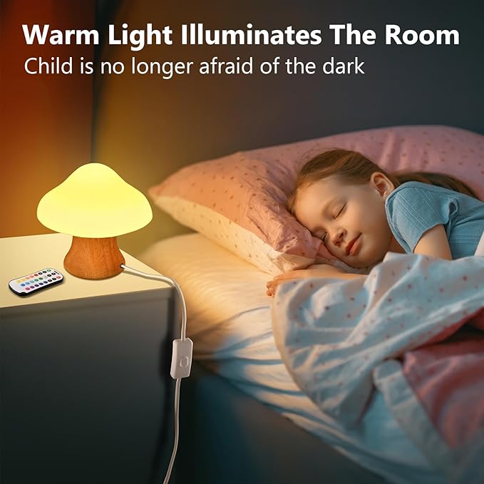 ANGTUO Wooden Mushroom Lamp, 16 Color Changing Mushroom Night Light with Two Remote Controls