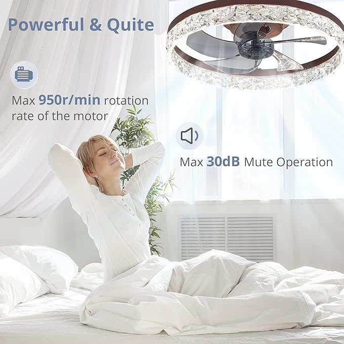 LEDIARY 20" Modern Ceiling Fans with Lights and Remote, Dimmable Low Profile Ceiling Fan, Flush Mount Ceiling Fan, Stepless Color Temperature Change and 6 Speeds - Brown