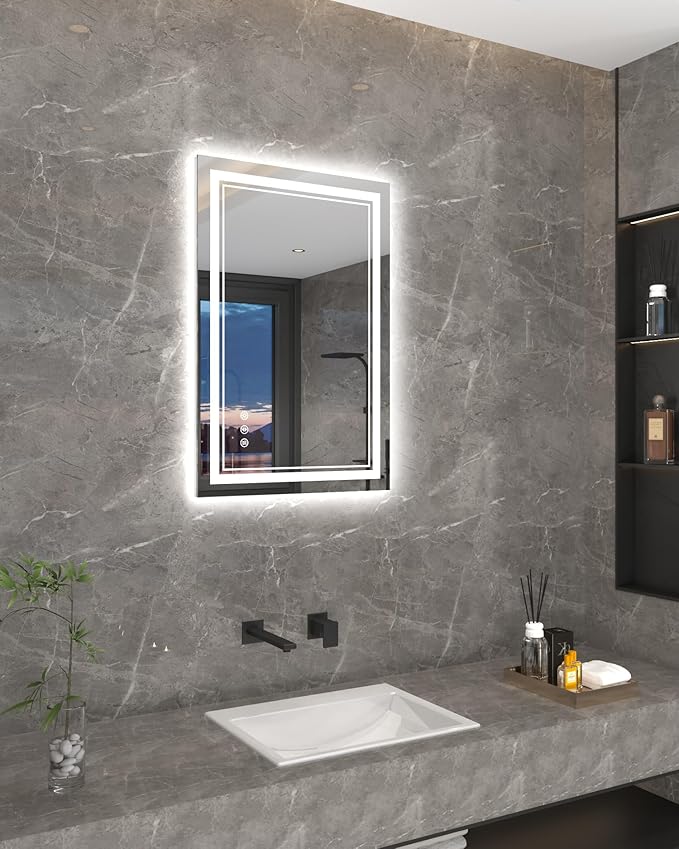 LED Mirror for Bathroom, 20x28 Inch Lighted Mirrors for Bathroom Wall with Unbreakable Tempered Glass, 3 Colors Stepless Dimmable, Super Bright 2 Front Lights + Backlit, Anti-Fog, Memory Function