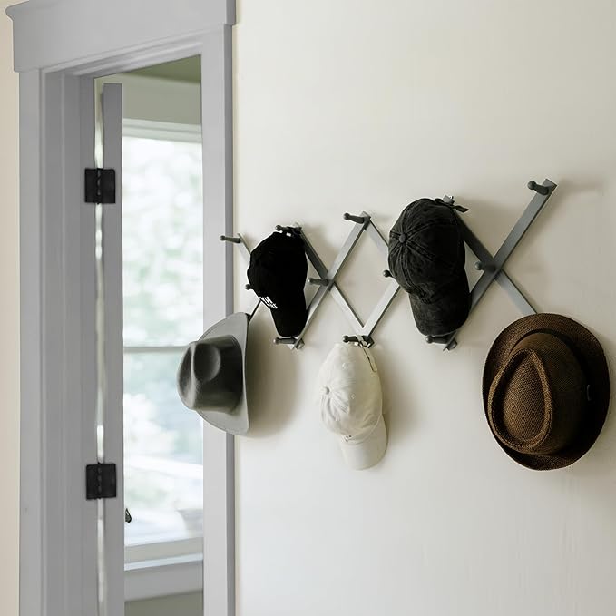 SKOLOO Hat Rack for Wall with 14 Hooks, Solid Wooden, Modern, Expandable Coat Rack Wall Mount for Coats, Hats, Bags, Baseball Caps, Dusty Gray Oak