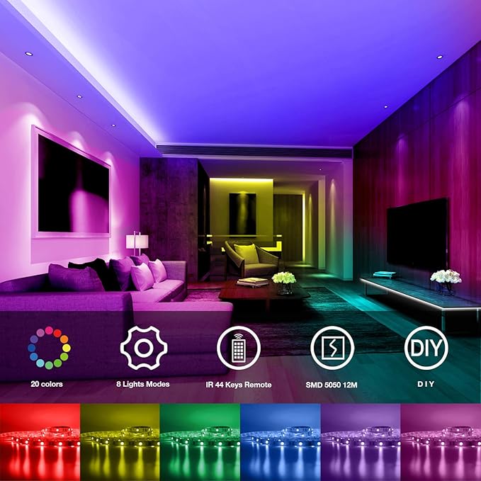 DAYBETTER Led Strip Lights 40ft, RGB Color Changing Led Strips with 44 Keys Remote Control for Room, Bedroom, Suitable for Home Decor, Living Room, Kitchen, Home Party Decoration, 24V