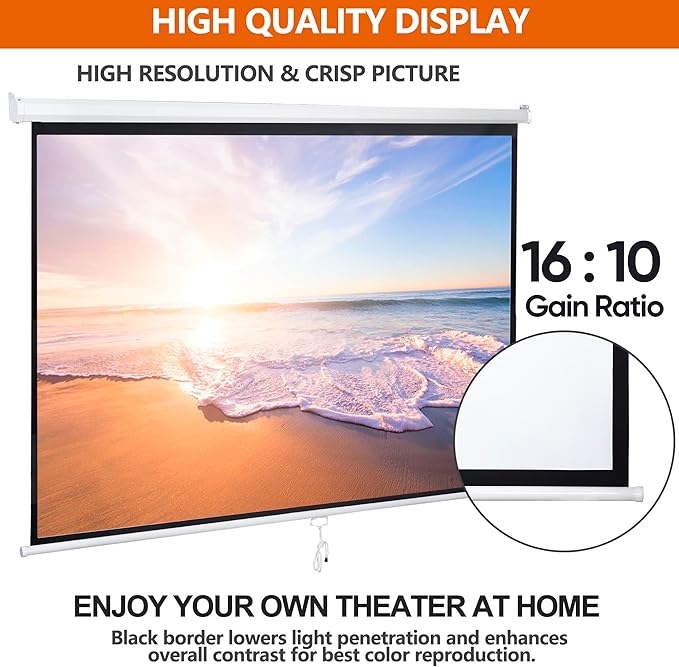 100 Inch Projection Screen Outdoor Indoor 16:10 HD Foldable Manual Pull Down Projector Screen for Movie Home Backyard Theater Cinema Office Video Game, White