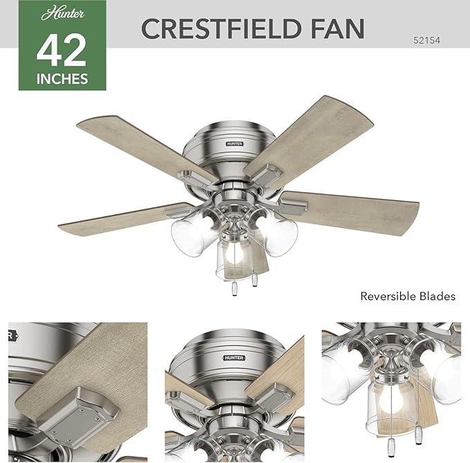 Hunter 42 inch Indoor Ceiling Fan with LED Lights and Pull Chain - Low Profile Mount Ceiling Fan, 5 Blades, For Bedroom, Living Room, or Kitchen, Quiet - Crestfield 52154, Brushed Nickel