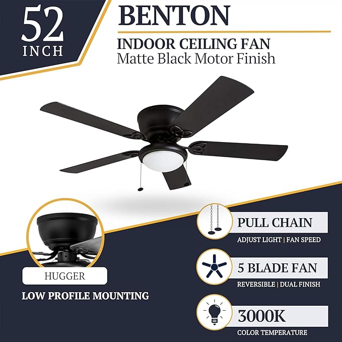 Prominence Home Benton Traditional 52 Inch Ceiling Fan with Light, LED Flush Mount Ceiling Fan, Indoor Fan with 5 Blades, Matte Black and Gray Cedar Blade Finish Options, Matte Black (50853-01)