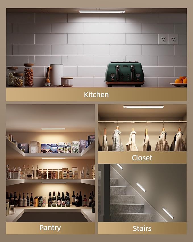 Under Cabinet Lighting, 12inch Rechargeable Motion Sensor Light Indoor, 1800mAh Battery Operated Closet Lights, with Dimmable & 3 Color Temps, Wireless Under Counter Lights for Kitchen,Stairs(6Pack) ﻿