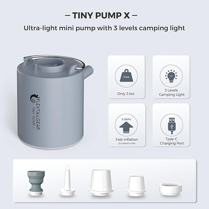 FLEXTAILGEAR Tiny Pump X Portable Air Pump+ Camping Light Ultra-Mini Air Pump with 1300mAh Battery USB Rechargeable for Sleeping Pads Pool Floats Air Bed Air Mattress Swimming Ring