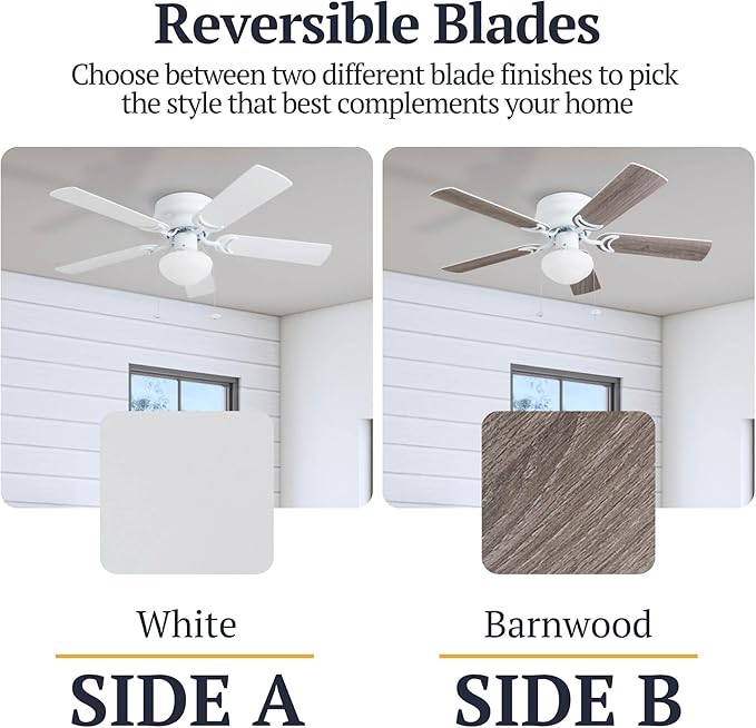 Prominence Home Alvina Traditional 42 Inch Ceiling Fan with Light, LED Flush Mount Ceiling Fan, Indoor Fan with 5 Blades, White and Gray Oak Blade Finish Options, White (80092-01)
