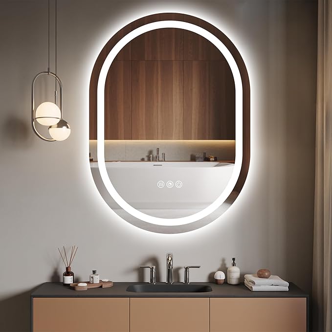 Oval LED Mirror for Bathroom Wall 28 x 40 Inch,Oval Frameless LED Bathroom Vanity Mirror,Lighted LED Mirror with 3 Color Lighting,Dimmable, Anti-Fog(Horizontal/Vertical)