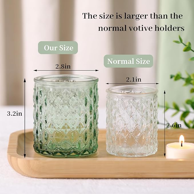 12Pcs Large Votive Candle Holders 2.8 * 3.2in Green Tea Light Candle Holders Glass Candle Holder for Bridal Shower, Wedding, Table Centerpiece, Party, Home Decor