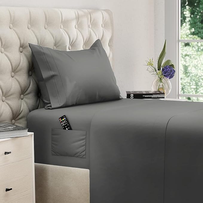 DREAMCARE Twin XL Sheet Sets – 3pcs Cooling Sheets – up to 15” Deep Pocket Twin XL Sheets Set – Hotel Luxury Sheets & Pillowcases – Superior Softness 100% Fine Microfiber with Side Pocket – Dark Gray