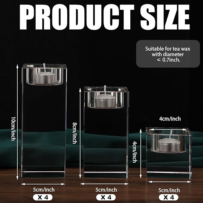 12 Pcs Crystal Tea Light Candle Holders Glass Votive Candle Stands Square Candlestick Holders for Wedding Dining Living Room Centerpiece Decorations, 1.57", 3.15", 3.94"