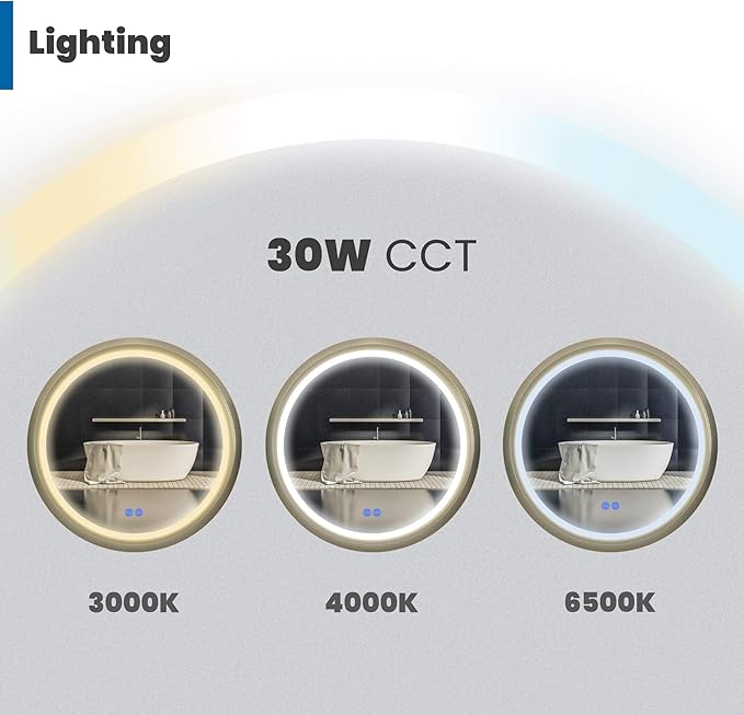 Round LED Bathroom Mirror with Lights, Front Lit Makeup Mirror, Anti-Fog, 3 Colors and Dimmable Light, 36 Inch Gold Frame
